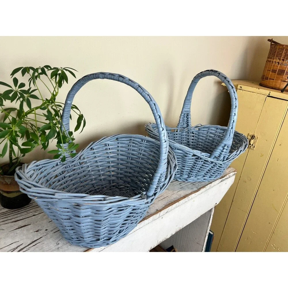 Vintage Primitive Grey Blue Rustic Buttocks Baskets (Set Of 2) Farmhouse Decor